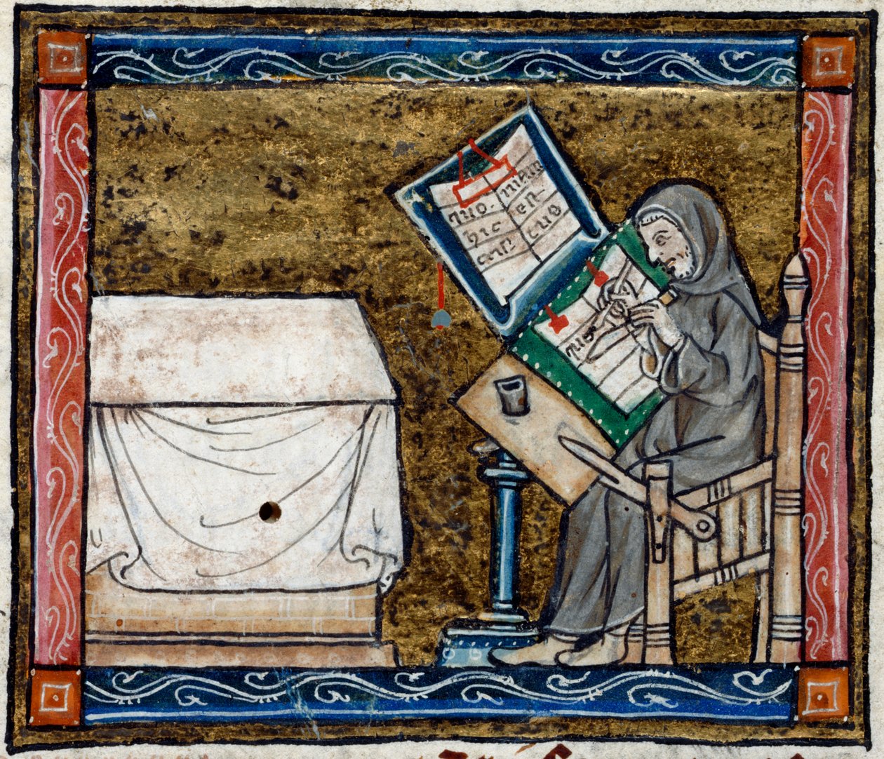 Royal 14 E. III, f.6v Kirjoittaja kopioi kopiosta, kuvitus teoksesta "The Story of the Holy Grail", n. 1315 (vellum) tekijältä French School