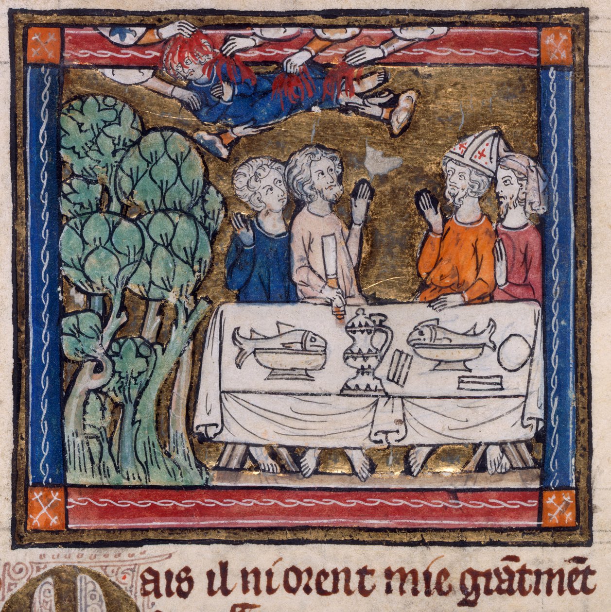 Royal 14 E. III, f.76v Seven Hands Cast Fire on Moys, kuvitus teoksesta "The Story of the Holy Graal" (vellum) tekijältä French School