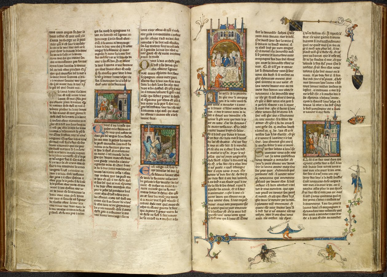 Kuninkaallinen 14 E. III, ff.88v-89 Lancelot poistamassa katkaistun isoisänsä, kuninkaan, pään kiehuvasta kaivosta; rakennus romahtaa kahden ritarin päälle. Oikealla miniatyyri Arthurista ja Guineveresta, jotka istuvat juhlalla, Estoire del Saint Graalista tekijältä French School