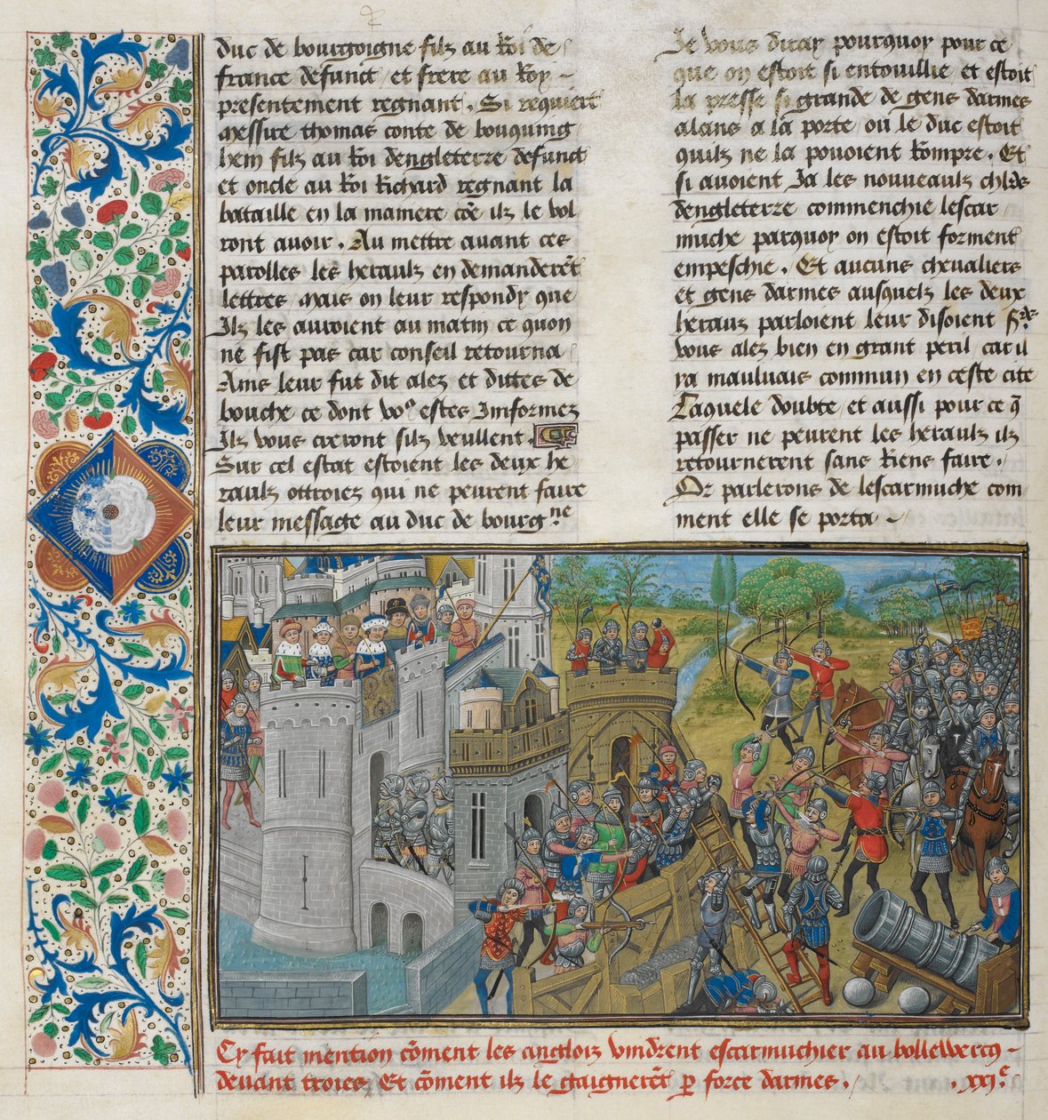 Royal 14 E. IV, f.59v Bastionin vangitseminen Troyesissa, "Englannin vanhoista ja uusista kronikoista", Jean de Wavrin, n. 1470-80 (vellum) tekijältä French School