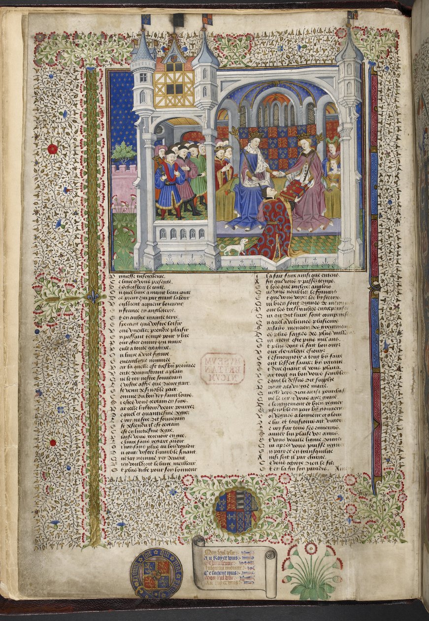 Royal 15 E. VI, f.2v Margaret of Anjou, istuu miehensä kuningas Henrik VI:n kanssa, kuvitus Shrewsbury Talbot Book of Romances -kirjasta, n. 1445 (muste, väri ja kulta tarranauhalla) tekijältä French School