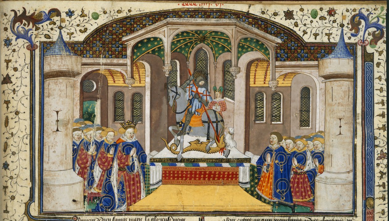 Kuninkaallinen 15 E. VI, f.439 Kuningas Henrik VI ja ritarit ryhmittyivät alttarin ympärille, jonka päällä St. George ja lohikäärme, "Shrewsbury Talbot Book of Romances" -kirjasta, Rouen, n. 1445 (muste, väri ja kultaa velumilla) tekijältä French School