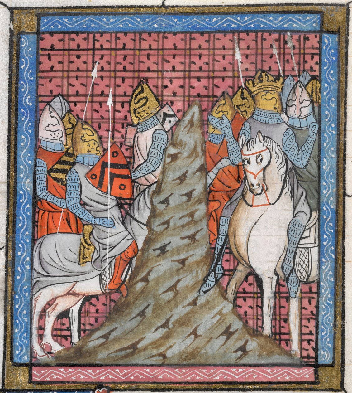 Royal 16 G. VI, f.317v Pienoiskuva ristiretkeläisarmeijan divisioonasta vuoren ylityksen aikana, kuva Chroniquesista tekijältä French School