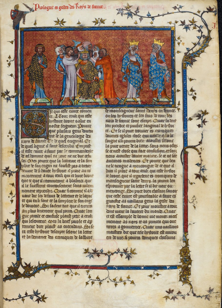Royal 16 G. VI, f.3 The Coronation of Pharamond, kuvitus "Chroniques de Francesta", n. 1332 (vellum) tekijältä French School
