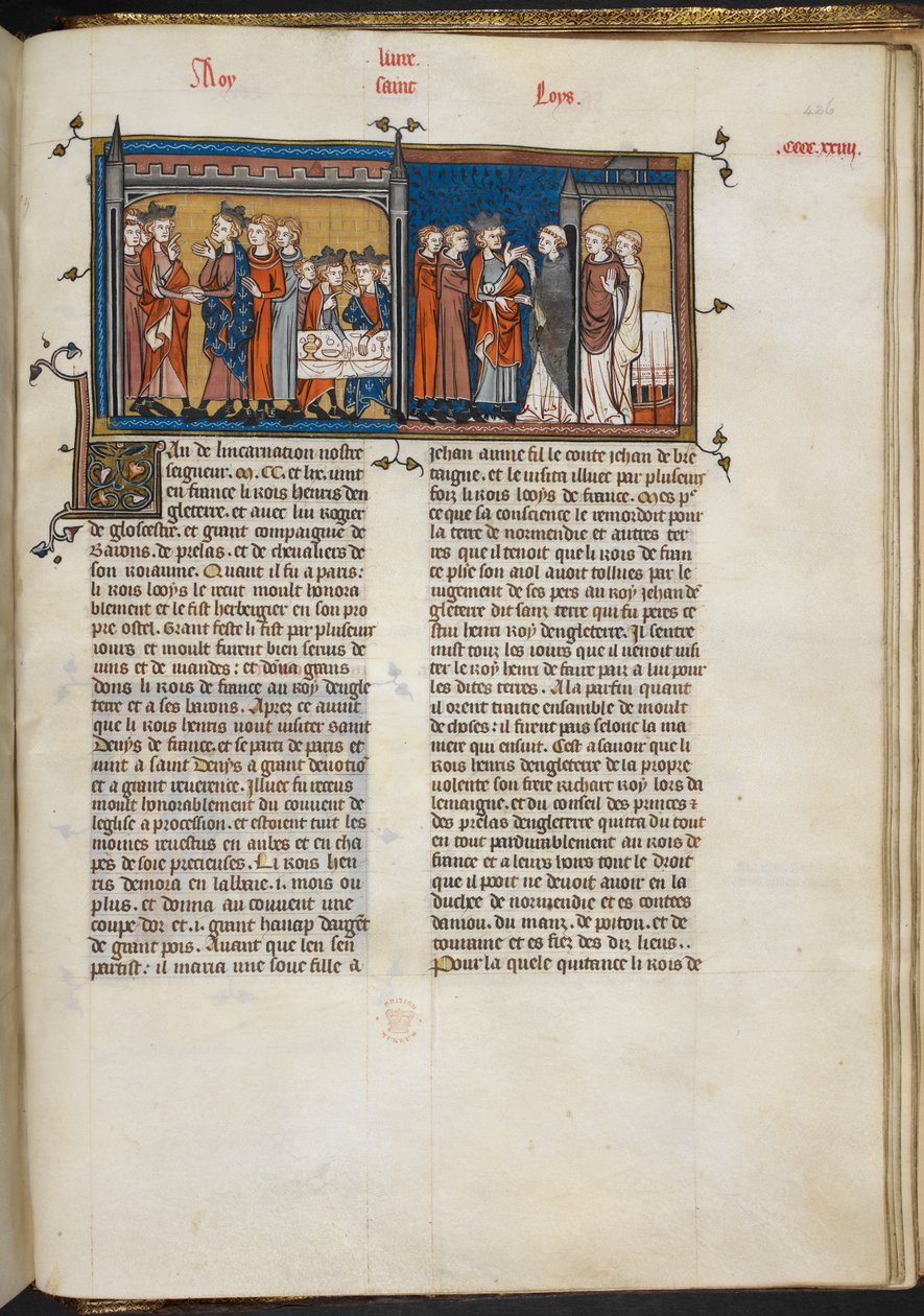 Royal 16 G VI f.426r Miniatyyri Henrik III:sta vierailemassa Ludvig IX:n luona ja Henrik III:n luona St Denisissä, sivu "Les Grandes Chroniques de France" tekijältä French School