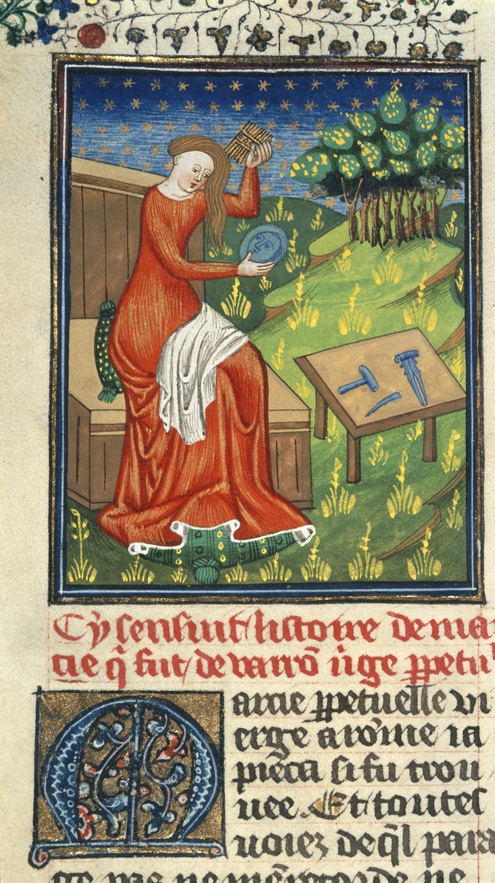 Royal 16 G. V, f.80 Jaia of Cyzicus, kampa, peili ja kuvanveistäjän työkalut, kuvitus Giovanni Boccaccion teoksesta "De Claris Mulieribus" (muste, väri ja kulta vellum-kalvolla); tekijältä French School