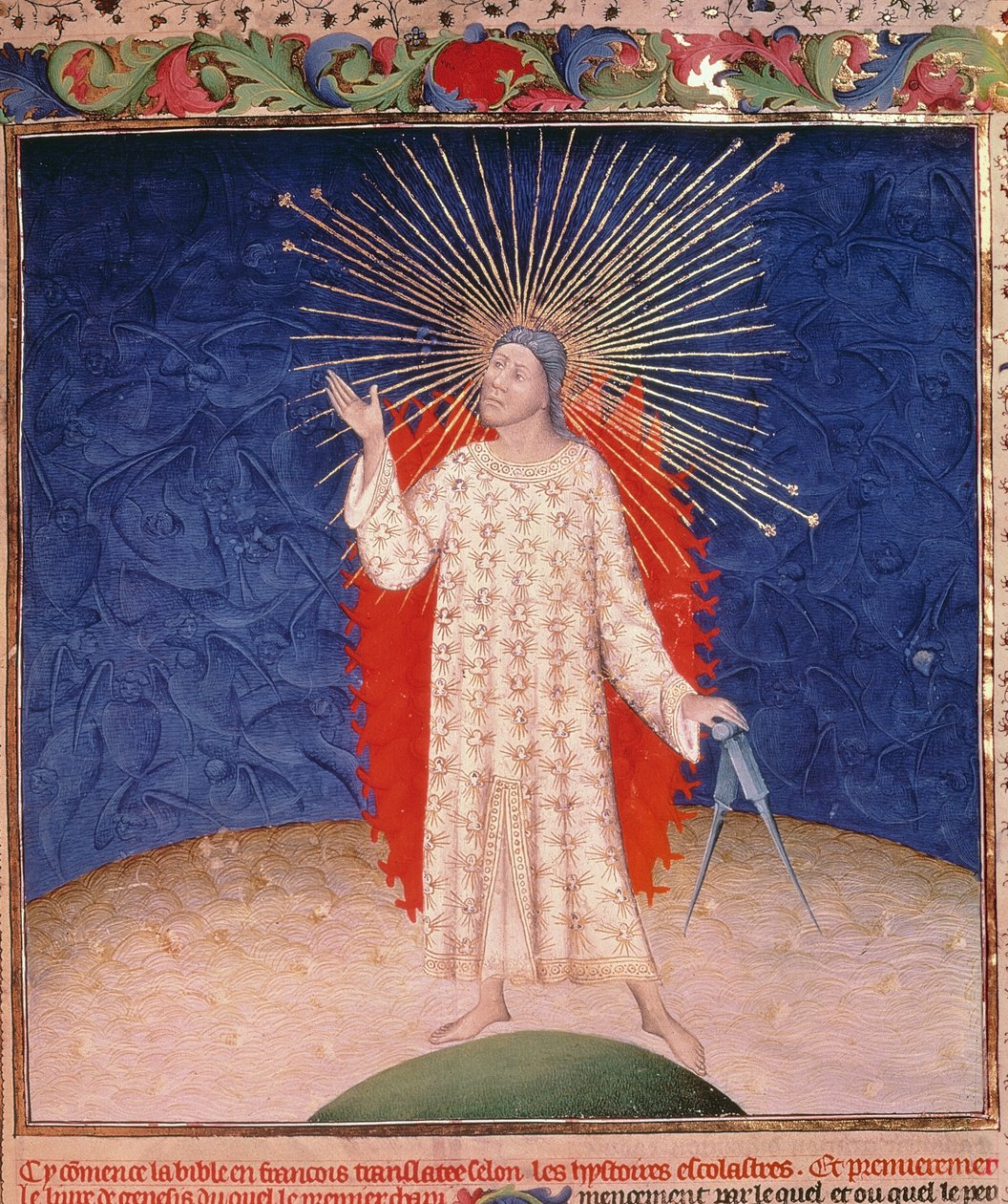Royal 19 D III, f.3: Jumala tulen ympäröimänä kompassilla, Guyart des Moulinsin teoksesta Bible Historiale, n. 1411 (vellum) tekijältä French School