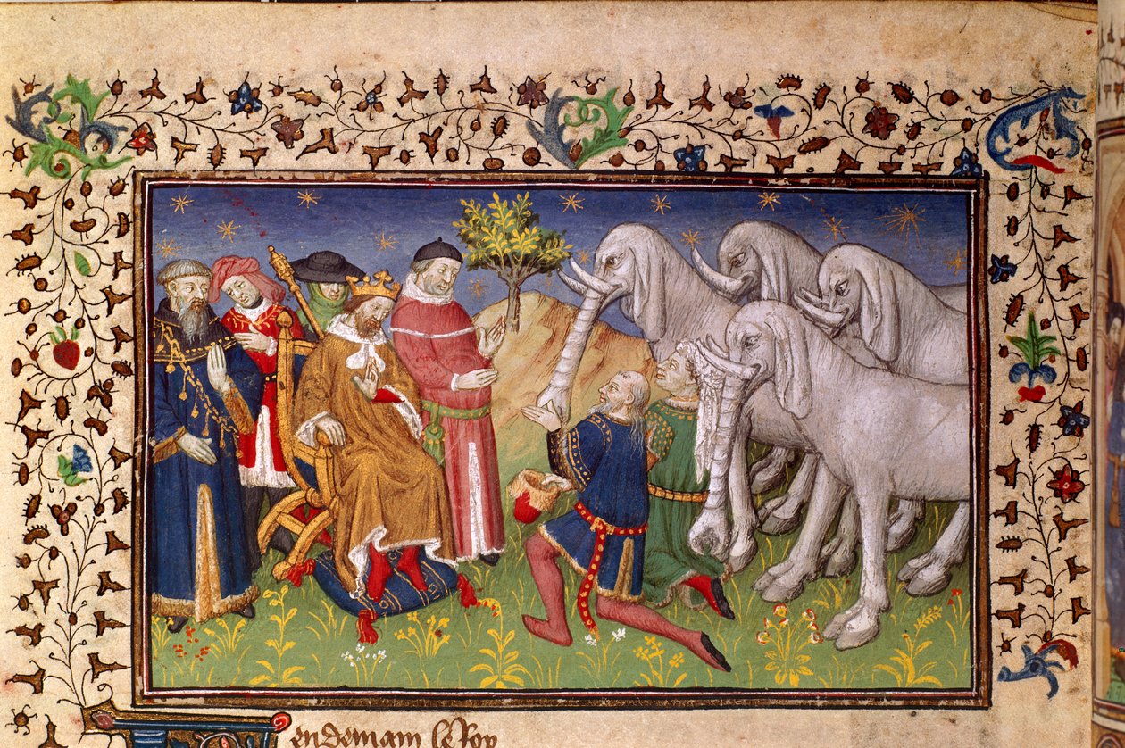 Royal 20 B. XX, fol.82v, Alexanderille valkoiset norsut, "La Vraye Histoire du Bon Roy Alixandre" (vellum) tekijältä French School