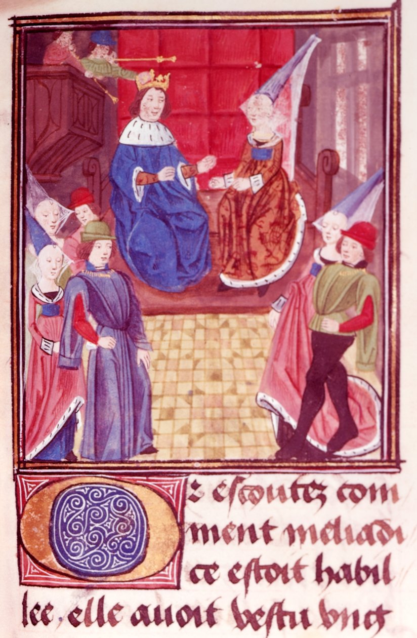Royal 20 C.II fol.159 Cleriadus ja Meliadice, teoksesta "Le rommant de Cleriadus et de Meliadice" (vellum) tekijältä French School
