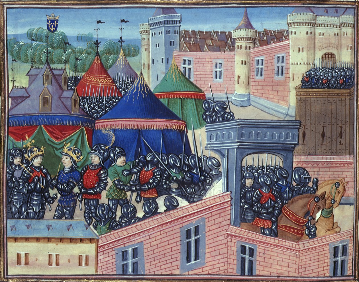 Royal 20 C.IX fol.137v Ranskan ja Sisilian kuninkaat armeijaineen ennen Metziä, Jean Chartier