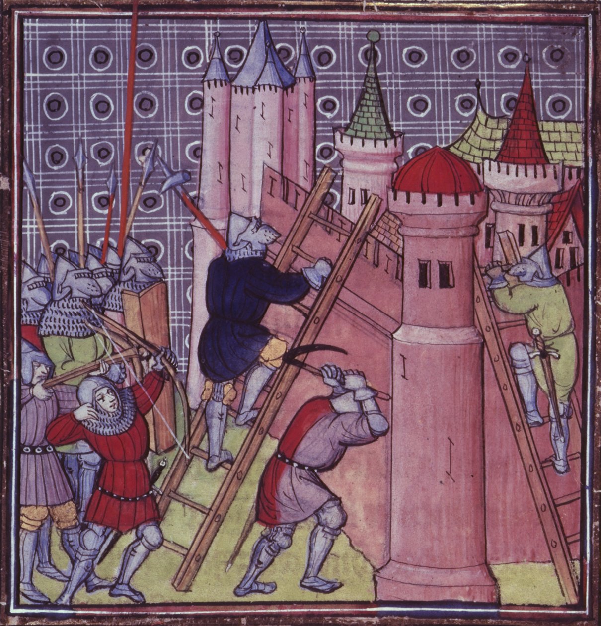 Kuninkaallinen 20 C.VII fol.19 Ranskalaiset tuhosivat Genovan 1300-luvun lopun Chroniques de France ou de St. Denisistä (vellum) tekijältä French School