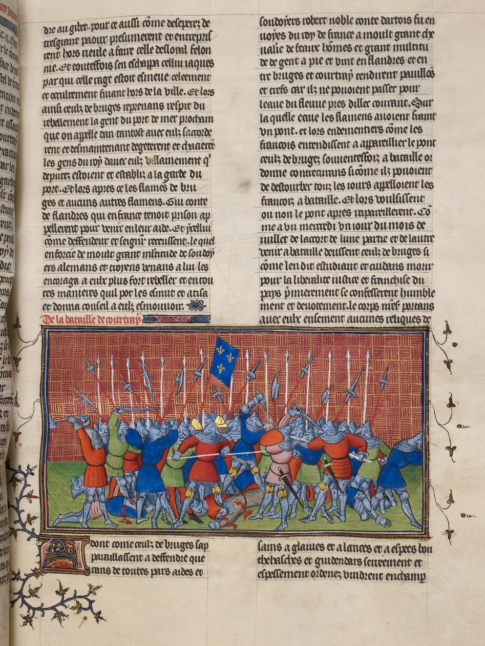 Royal 20 C. VII, f.34 Courtrain taistelu, kuvitus Chroniques de France ou de Saint Denisistä (vellum) tekijältä French School