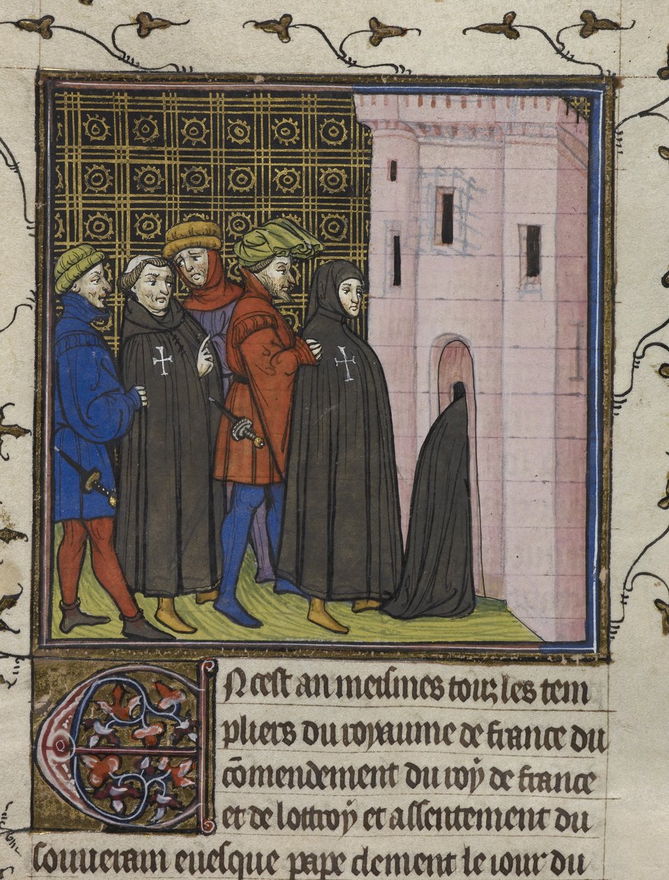 Kuninkaallinen 20 C. VII, f.42v Temppeliherrojen pidätys, kuvitus Chroniques de France ou St. Denisistä (vellum) tekijältä French School