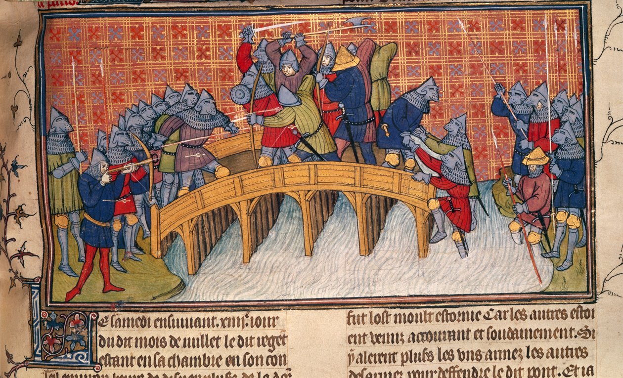 Royal 20 C. VII, fol.137 Taistelu Seinen sillalla satavuotisen sodan aikana, kirjasta Chroniques de France ou de St. Denis (vellum) tekijältä French School
