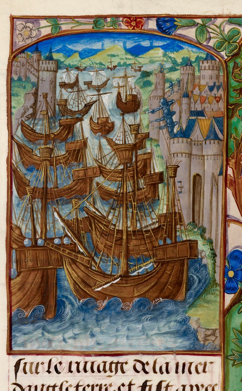 aRoyal 20 E. III, fol.186v Ranskan laivasto hyökkäsi Sluysissa, "Chroniques de France ou de Saint Denis" tekijältä French School