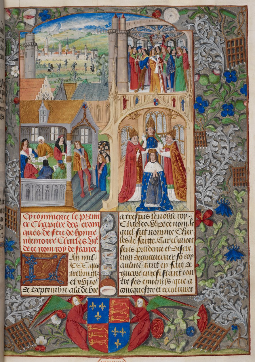Royal 20 E. V, f.8 Kaarle VII:n kruunaus, kohtauksia Chroniques de France ou de Saint Denisistä vuodelta 1487 (vellum) tekijältä French School