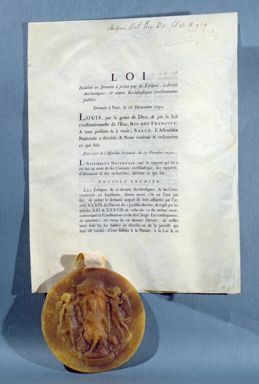 Ludvig XVI:n kuninkaallinen asetus, jossa vahvistetaan ranskalaisten piispojen ja pappien velvollisuus vannoa uskollisuus papiston siviiliperussäännölle, 16. joulukuuta 1790 (painettu paperi- ja vahasinetti) tekijältä French School