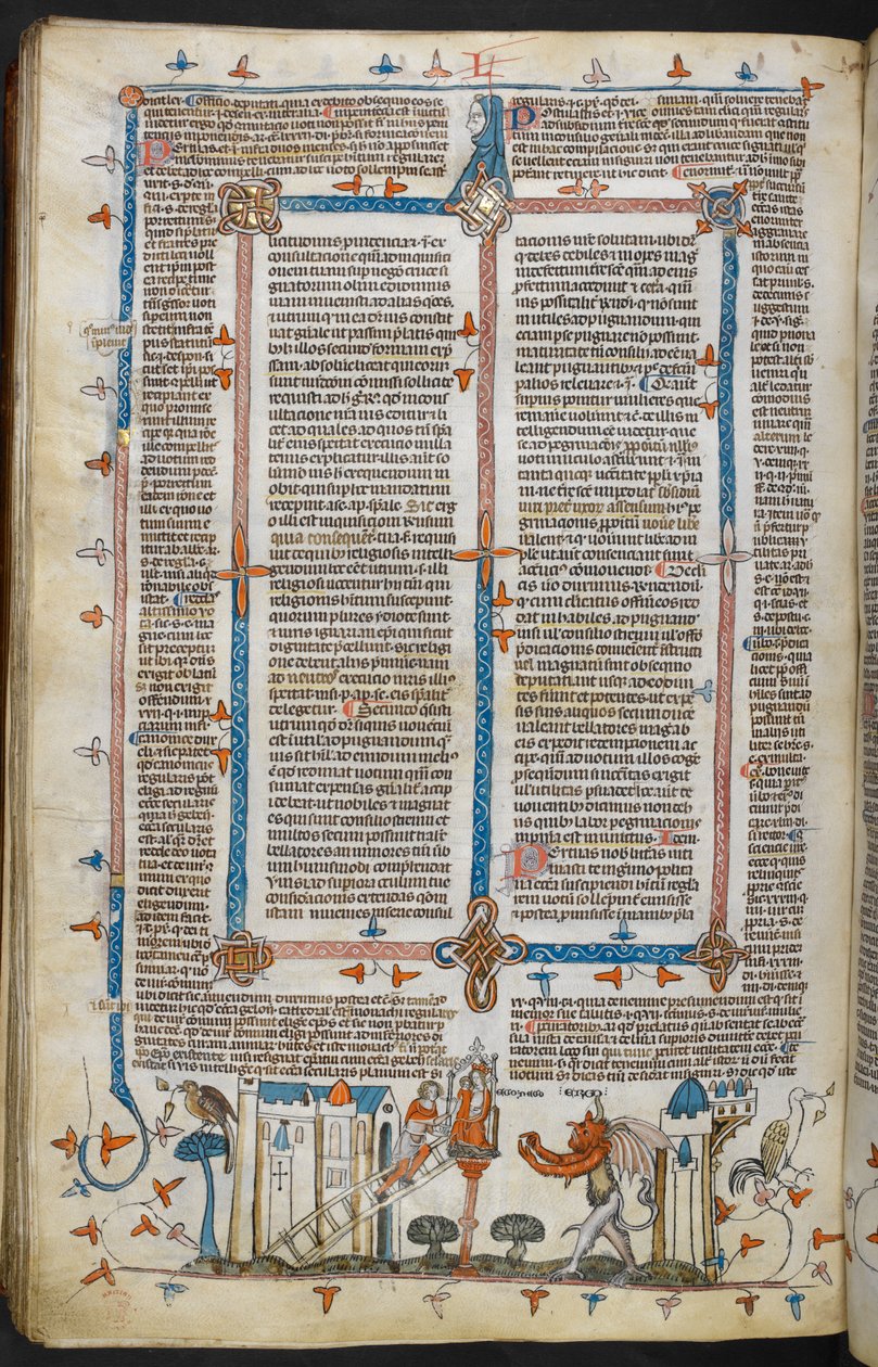 Royal MS 10 E IV, f.209v, The Painter and the Devil, Decretals of Gregory IX, kiiltävä Bernard of Parma ("Smithfield Decretals"), n. 1300-40 (vellum) tekijältä French School