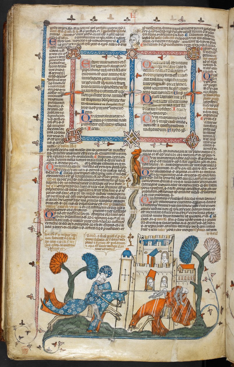 Royal MS 10 E IV f.313v, sivukohtaus, jossa yksi ritari riisuu toisensa linnan edessä, n. 1300-1340 (kynä & muste ja tempera pergamentilla) tekijältä French School
