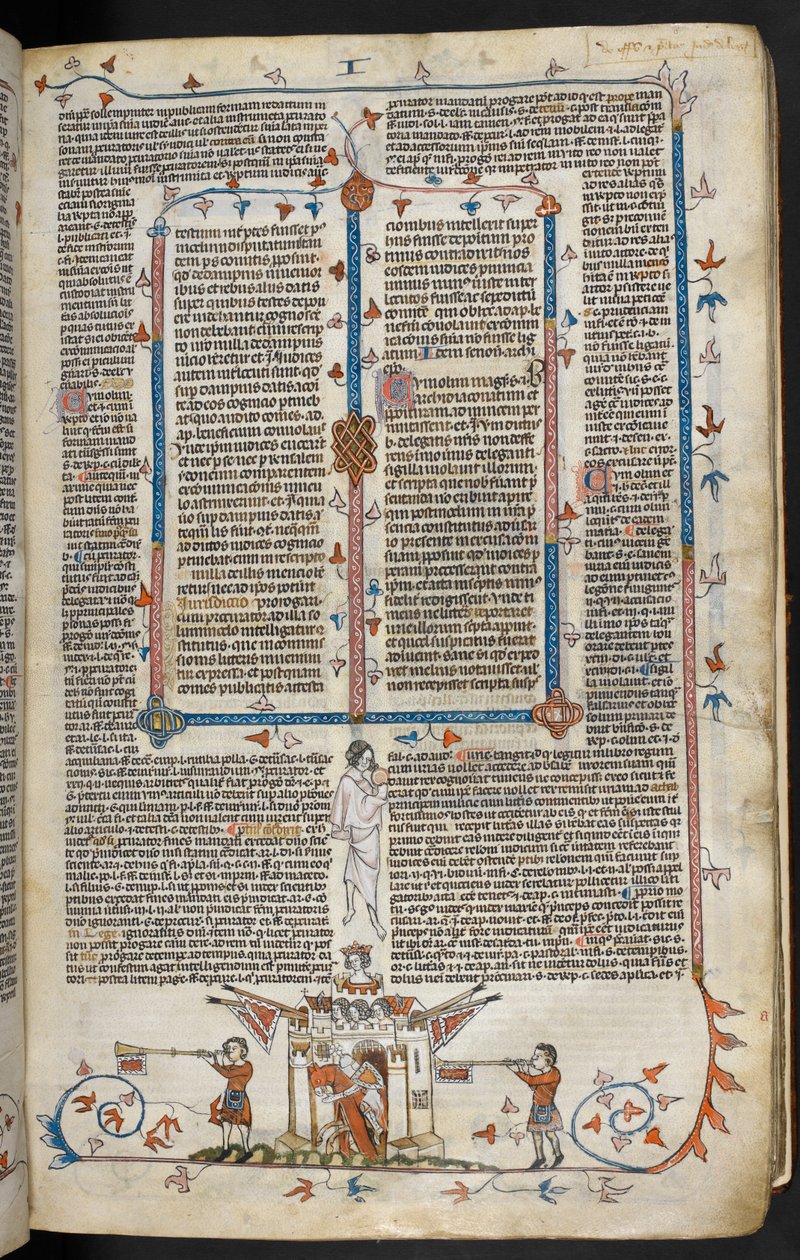 Royal MS 10 E IV f.66r, sivukohtaus ratsastusritarista nousemassa linnasta, n. 1300-1340 (kynä & muste ja tempera pergamentilla) tekijältä French School