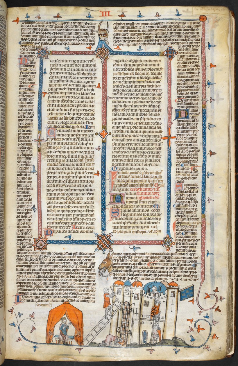 Royal MS 10 iv f.202r Hyökkäys linnoitettuun linnaan ja reunakoristeeseen, kuvitus teoksesta "The Smithfield Decretals" (vellum) tekijältä French School