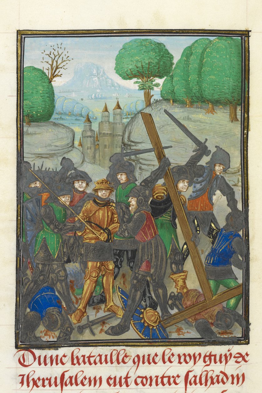 Royal MS 15 E I, f. 433v, Guy of Lusignanin tappio Saladinilta ja ristin menetys, Tyrelaisen Williamin teoksesta "Histoire d