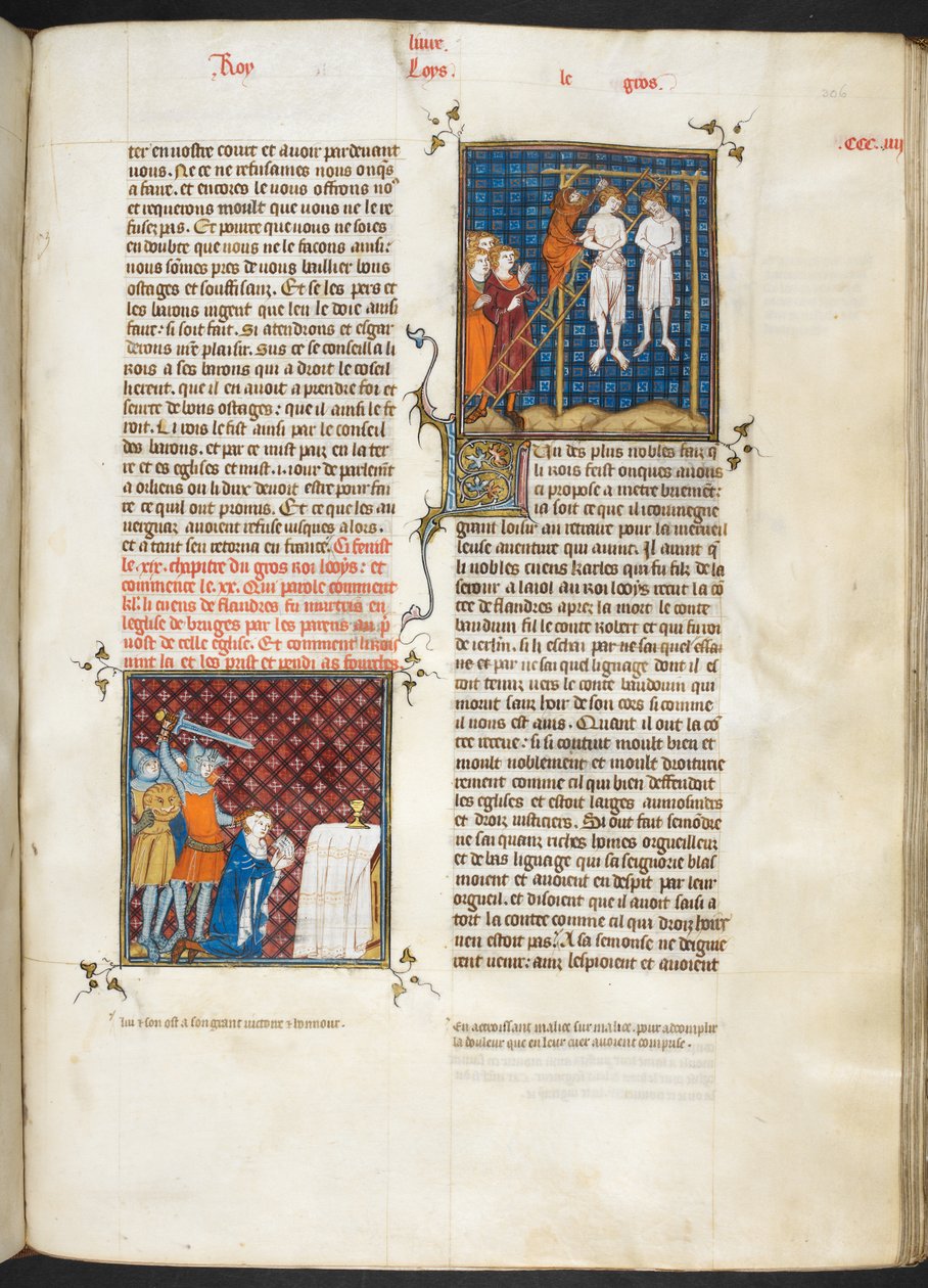 Royal MS 16 G. VI, f.306r, Charlesin murha, Flanderin kreivi hirtettiin (Louis VI, kirja 20), Les Grandes Chroniques de Francesta tekijältä French School