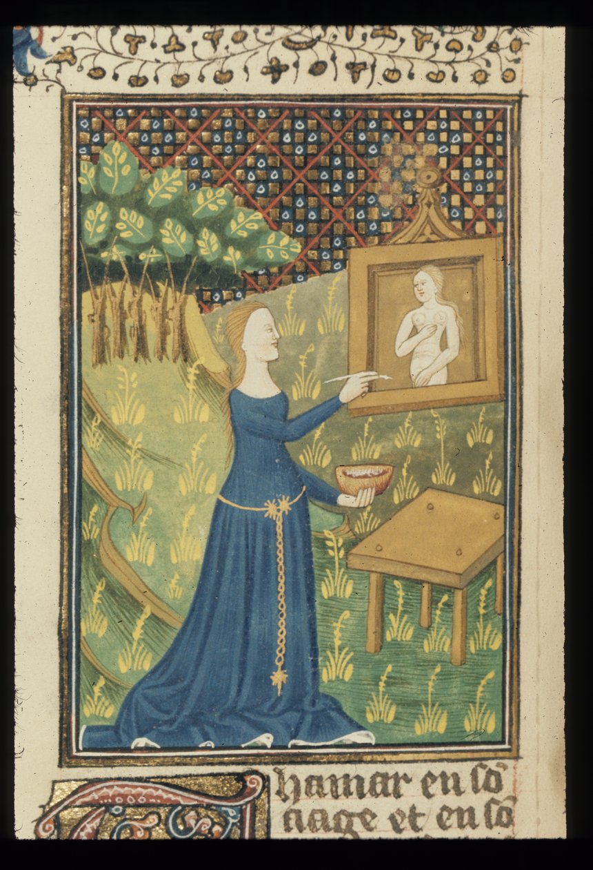 Kuninkaallinen MS 16 G V f.068v Sivu De claris mulieribusista nimettömänä ranskankielisenä käännöksenä (Le livre de femmes nobles et renomées), kirjoittanut Giovanni Boccaccio, n. 1440 (väriä ja kultaa velumilla) tekijältä French School