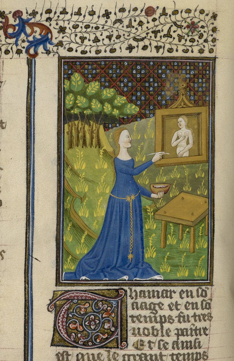 Kuninkaallinen MS 16 G V f.68v Thamar maalaa jumalatar Dianaa, kirjoituksesta "De claris mulieribus anonyymissä ranskankielisessä käännöksessä (Le livre de femmes nobles et renomées)", n. 1440 (vellum) tekijältä French School