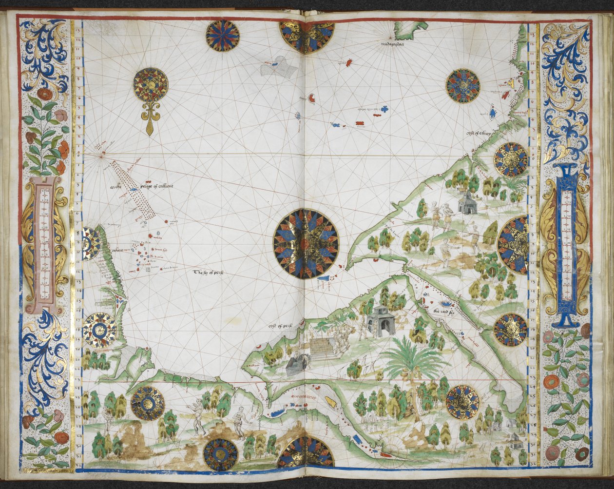 Royal MS 20 E IX f.11v - f.12r Kartta Aasian ja Afrikan rannikoista Cape Comorinista Cape Delgadoon, mukaan lukien Persianlahti ja Punainen meri, "Boke of Idrography" ("Rotz Atlas") perusteella kirjoittanut Jean Rotz, n. 1535-1542 (muste, väri ja kulta vel tekijältä French School
