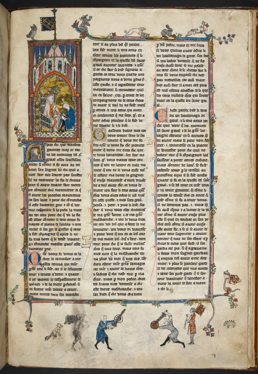 Royal Ms 14 e III f.140r Englannin Henrik II kirjurin kanssa, kuvitus teoksesta "Story of the Holy Grail, The Quest of the Holy Grail, Morte Arthur", n. 1315-25 (vellum) tekijältä French School