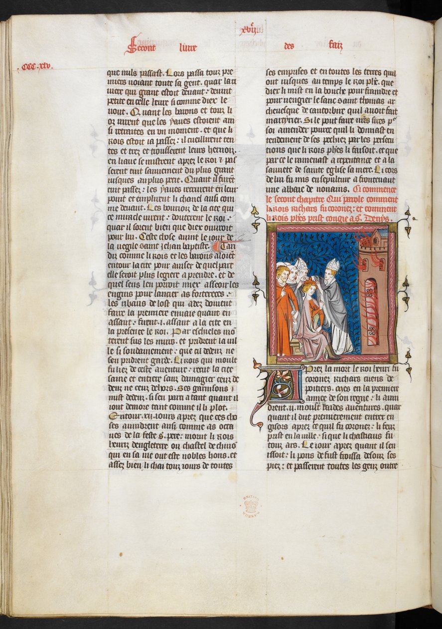 Royal Ms 16 g VI f.347v Kuningas Rikhard I:n kruunaus, kuvitus teoksesta "Les Grandes chroniques de France" tekijältä French School