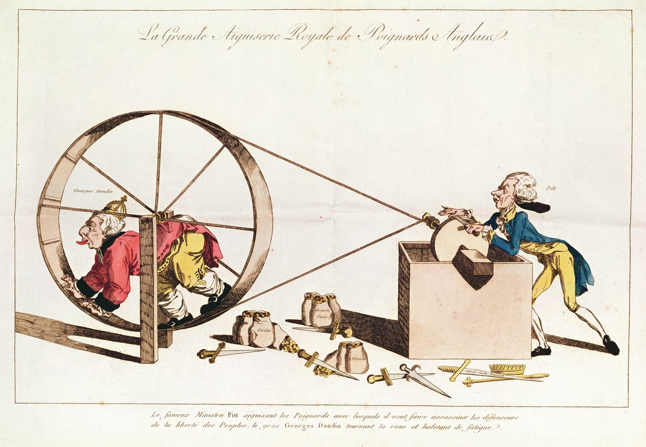 Kuninkaallinen teroituspalvelu englantilaisten tikarien teroittamiseen, 1794 (käsinvärinen etsaus) tekijältä French School