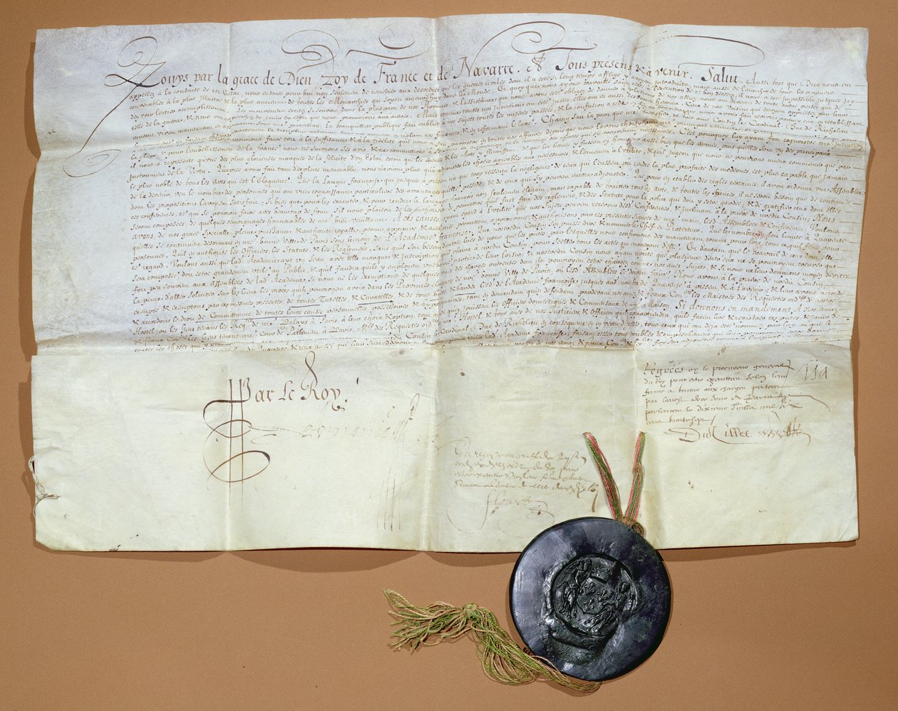 Kuninkaallinen asetus Ranskan Akatemian perustamisesta, 1635 (muste vellum) tekijältä French School