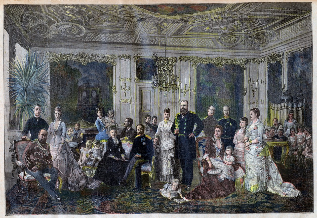 Kuninkaalliset perheet kokoontuvat Tanskaan juhlimaan tsaarin ja tsaarin hopeahäitä pienessä Juleboekshusenen kylässä Le Petit Journalista, 26. syyskuuta 1891 (värinen kaiverrus) tekijältä French School