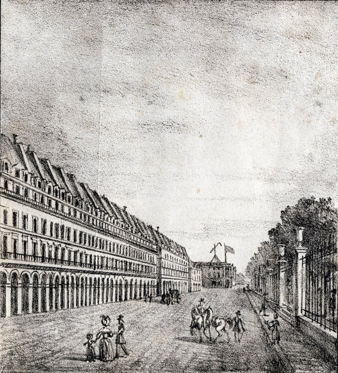 Rue de Rivoli, Pariisi - "Alphabet Picturesque des Monumens de Paris" noin 1840 (kaiverrus). tekijältä French School