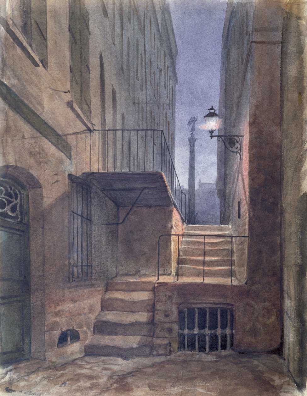 Rue de la Vieille Lanterne, jossa Gerard de Nerval (1808-55) hirttäytyi, 25. tammikuuta 1855 (wc paperilla) tekijältä French School