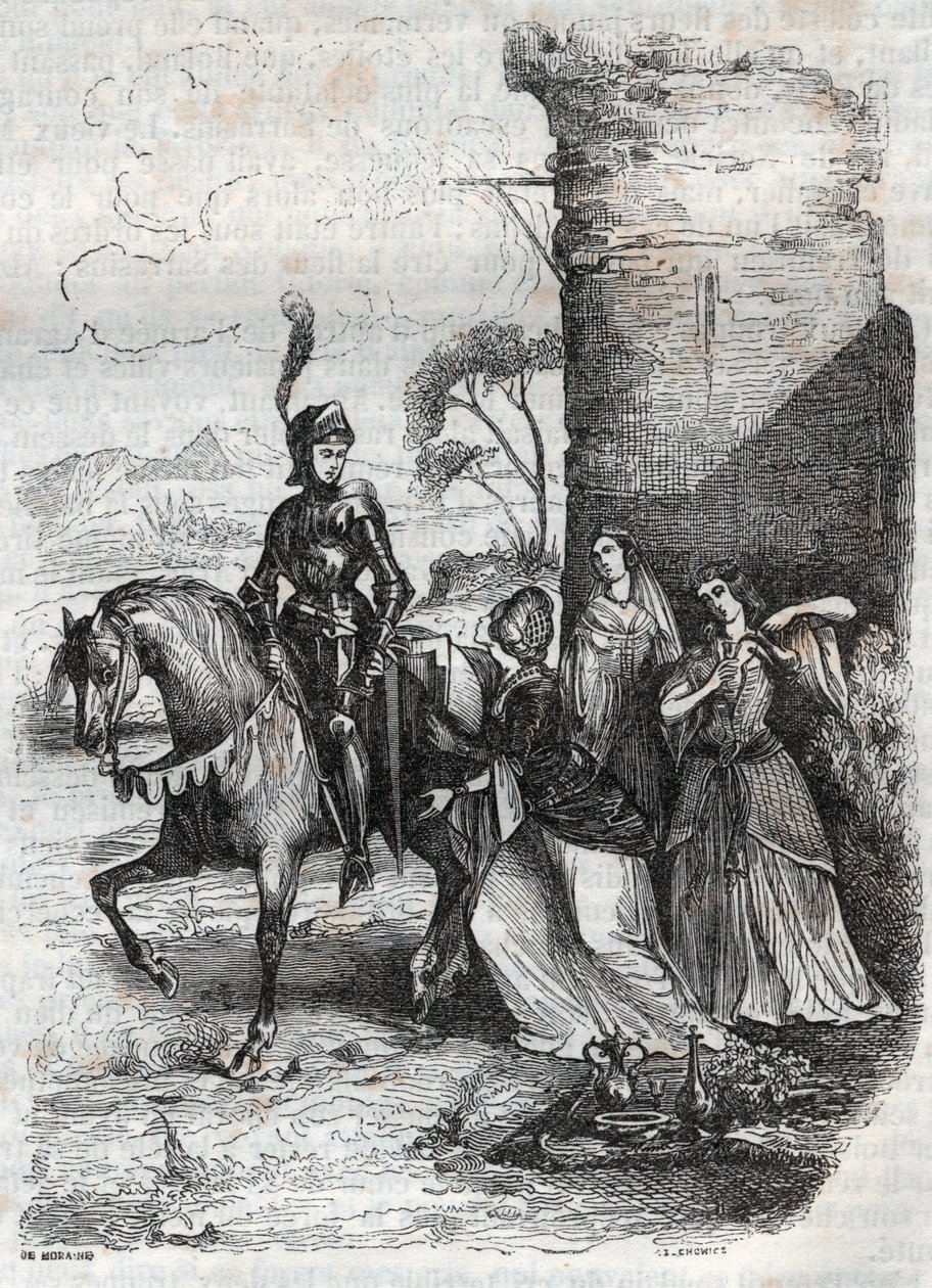 Ruggiero ja kolme nymfiä Alcinan hovista - kaiverrus vuodelta 1851 runosta Orlando furioso tekijältä French School