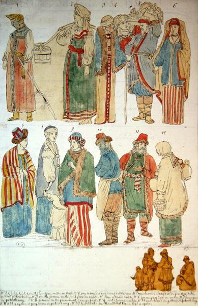 Venäläiset puvut, n. 1792 (akvarelli paperille) tekijältä French School