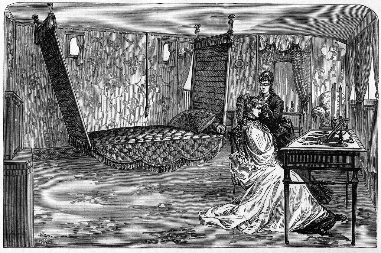Venäjän keisarillinen juna, jota Edinburghin herttua ja herttuatar käytti vuonna 1874: makuuhuonevaunu. Kaiverrus "" Le Monde Illustré" -julkaisussa nro 886, 6. huhtikuuta 1874. tekijältä French School