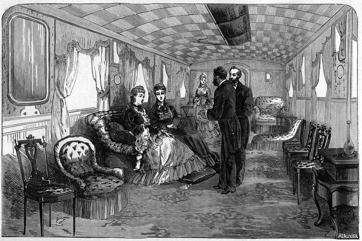 Venäjän keisarillinen juna, jota Edinburghin herttua ja herttuatar käytti vuonna 1874: sedanvaunu. Kaiverrus "" Le Monde Illustré" -julkaisussa nro 886, 6. huhtikuuta 1874. tekijältä French School