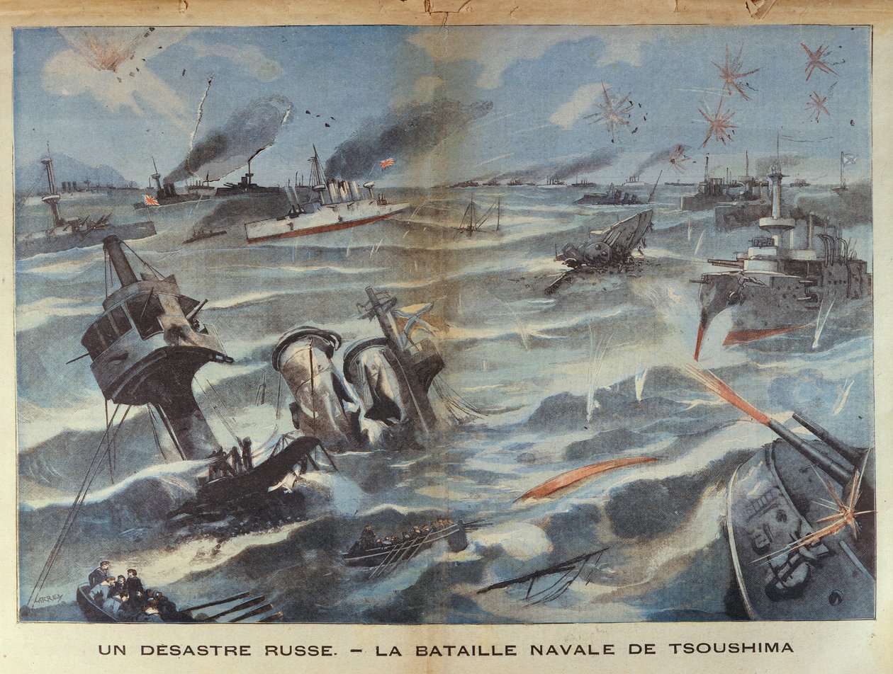 Venäjän laivaston katastrofi Tsushiman taistelussa vuonna 1905, kuva Le Petit Parisienista, 2. heinäkuuta 1906 tekijältä French School