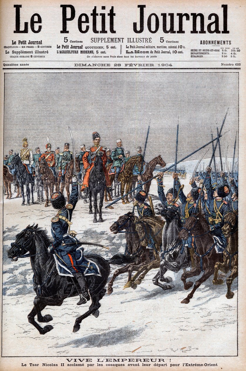 Venäjän ja Japanin sota 1904-1905 - Kasakat ylistivät tsaari Nikolai II:ta ennen lähtöään Kaukoitään taistelemaan japanilaisia vastaan "Le Petit Journalissa", 28. helmikuuta 1904 (kaiverrus) tekijältä French School