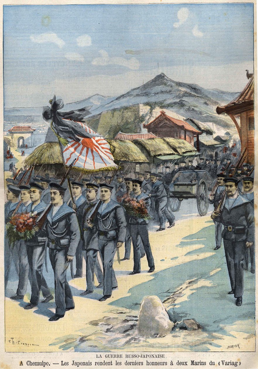 Venäjän ja Japanin sota Chemulpossa japanilaiset antavat viimeisen kunnianosoituksen kahdelle Viragin merimiehelle. Le Petit Parisien l 3. huhtikuuta tekijältä French School