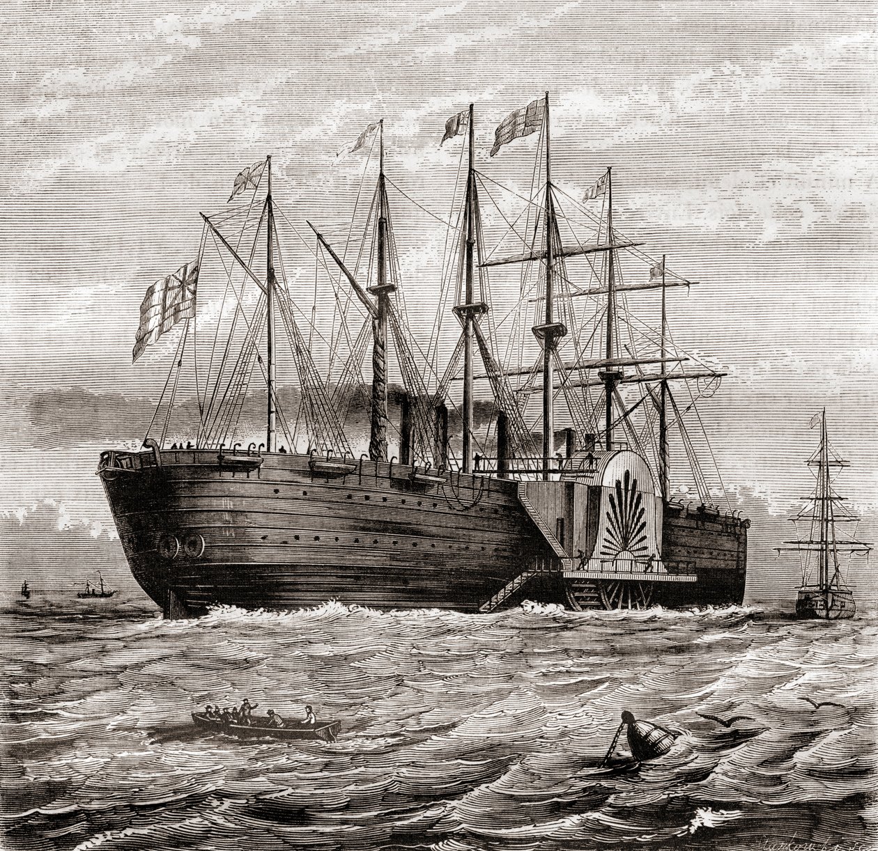 SS Great Eastern, rautainen purjehöyrylaiva, jonka on suunnitellut Isambard Kingdom Brunel, Les Merveilles de la Science, julkaistu n.1870 (kaiverrus) tekijältä French School