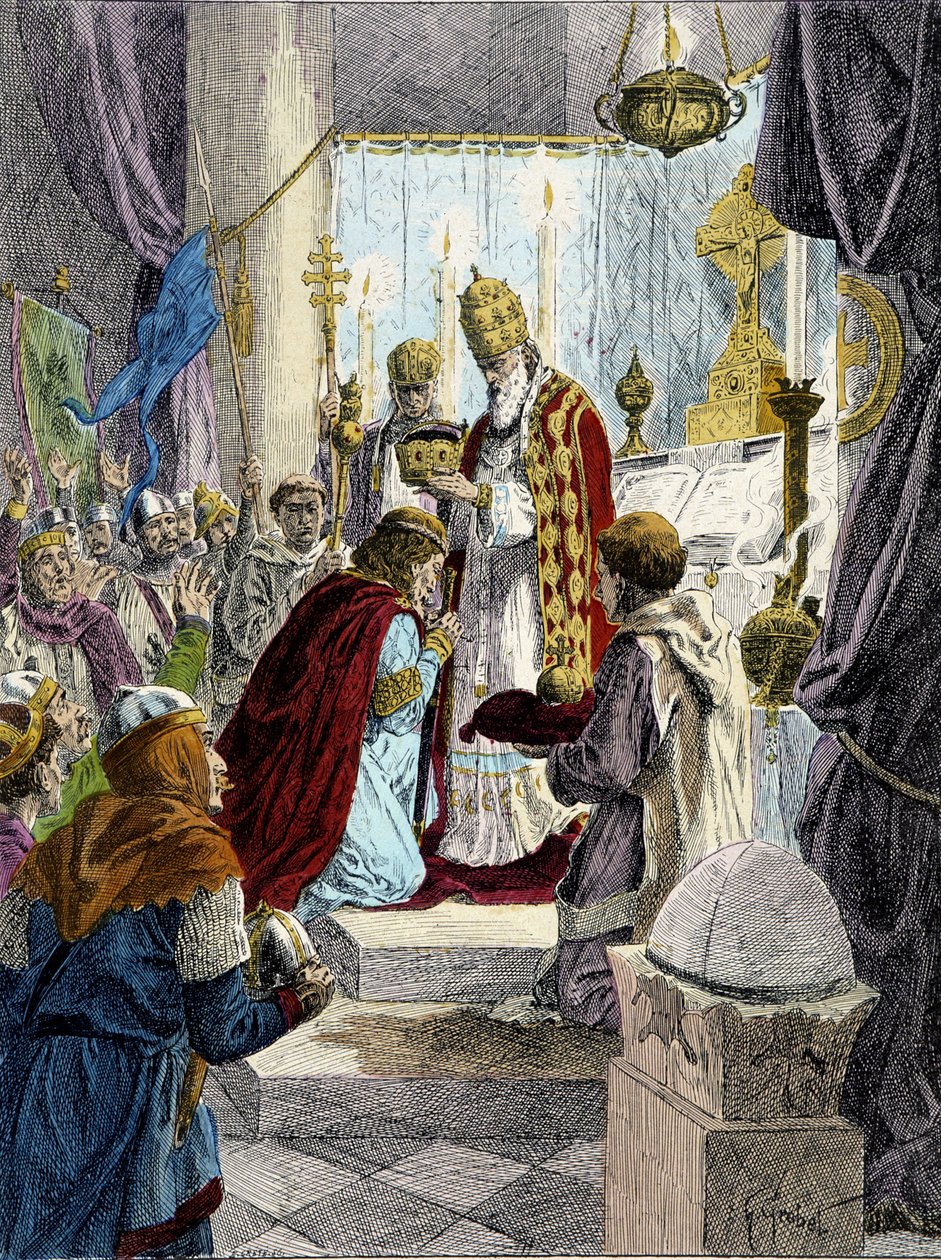 Kaarle Suuren (742 - 814) pyhä (kruunaaminen) vuonna 800 paavi Leo III:n toimesta. tekijältä French School