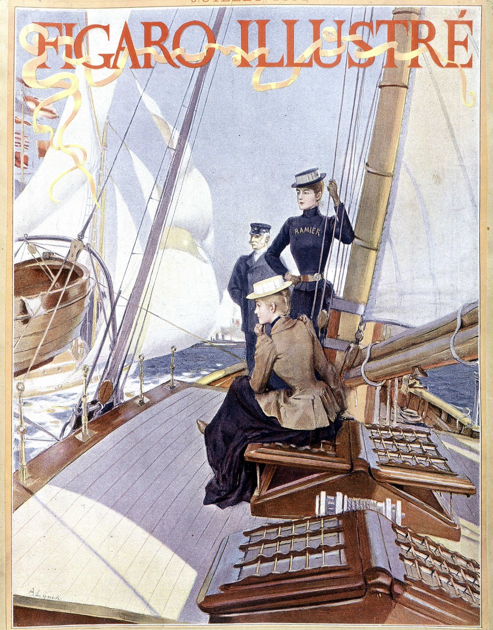Purjehdus: naiset veneen kannella - piirros "" Figaro kuvitettu"" vuodelta 1891, Arts Deco. tekijältä French School