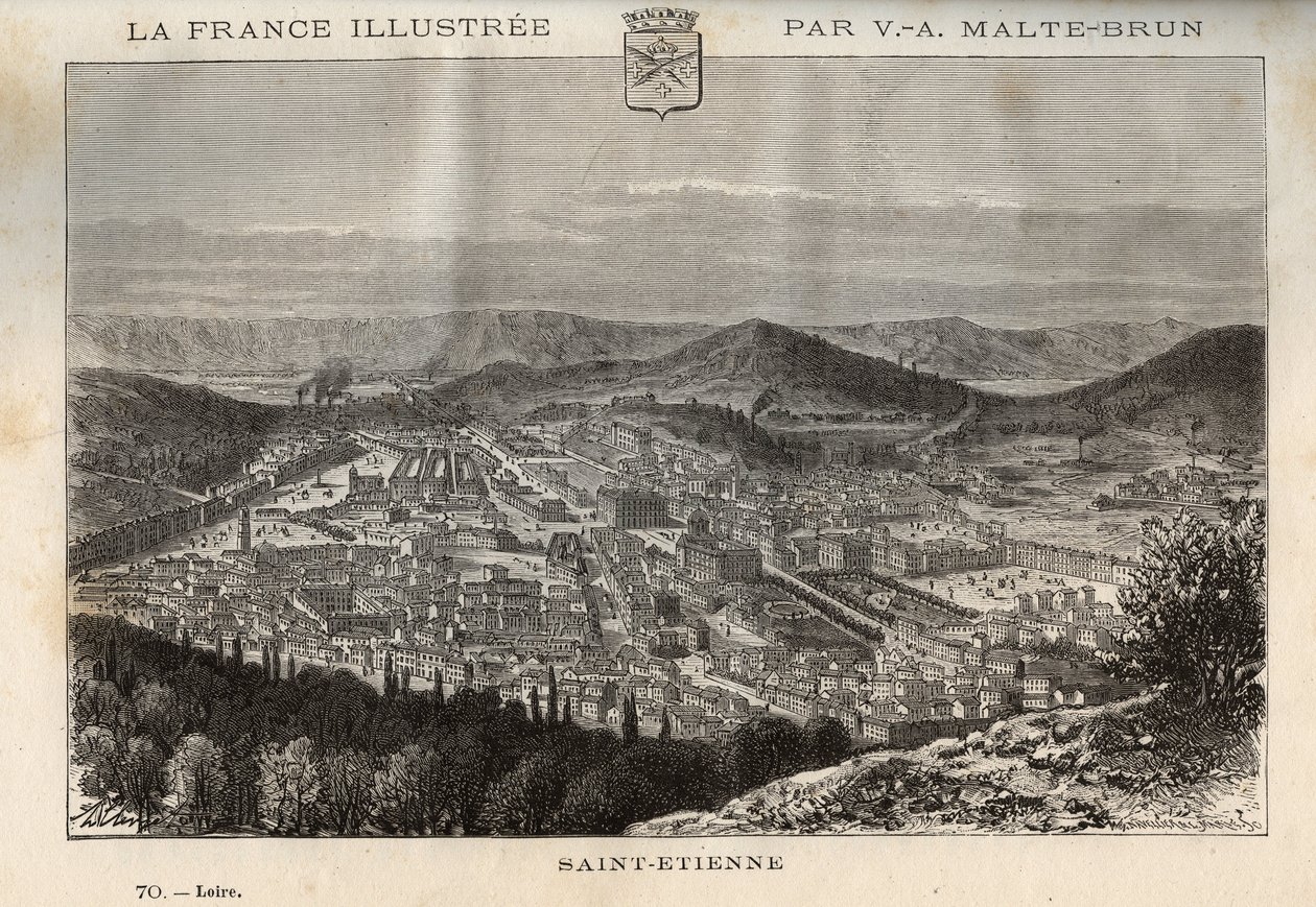 Saint-Etienne (Saint Etienne) - kaiverrus "" France illustree: maantiede, historia, tilastohallinto" V.-A. Maltaanruskea. 1884 tekijältä French School