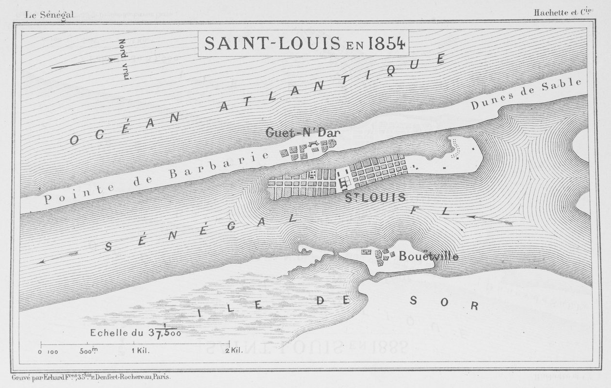 Saint-Louis vuonna 1854, kuvitus teoksesta "Le Senegal...", kirjoittanut Louis Leon Faidherbe, 1854 tekijältä French School