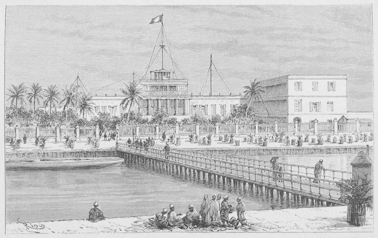 Saint-Louis, näkymä N"Dariin, Pont de Guet, kuvitus "Le Senegal..." Louis Leon Faidherben, 1889 tekijältä French School